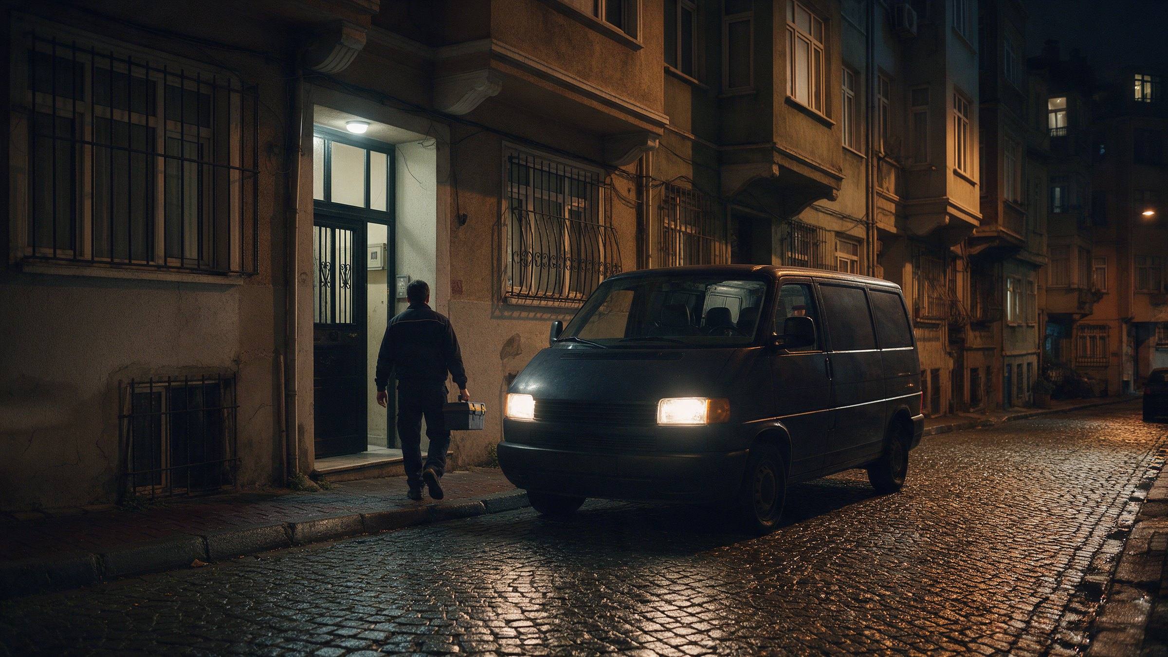 Gece İstanbul sokağında servis aracından inip takım çantasıyla binaya giden tesisat ustası