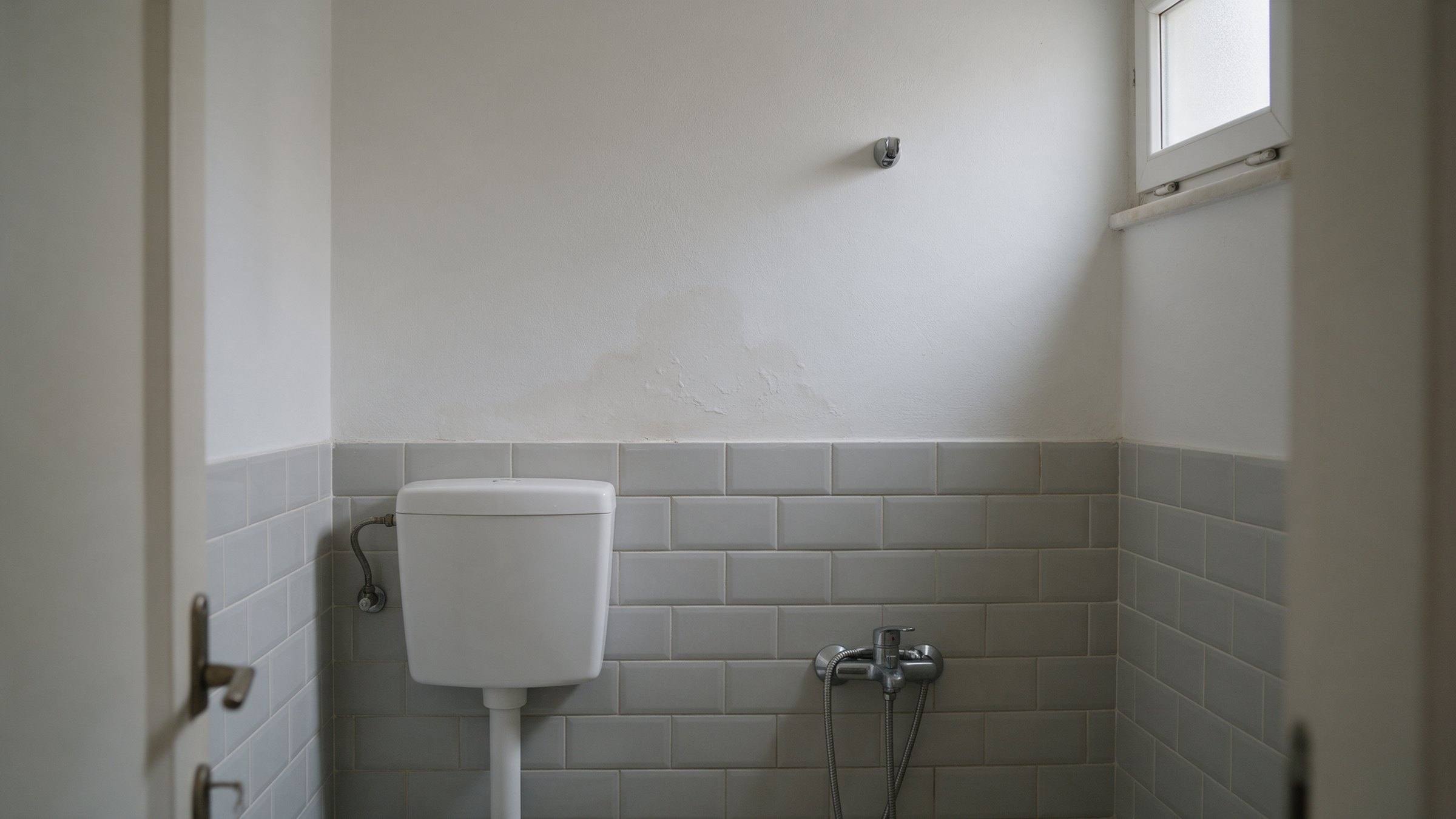 Banyo duvarında, fayansların hemen üstünde gizli su kaçağının oluşturduğu nem lekesi